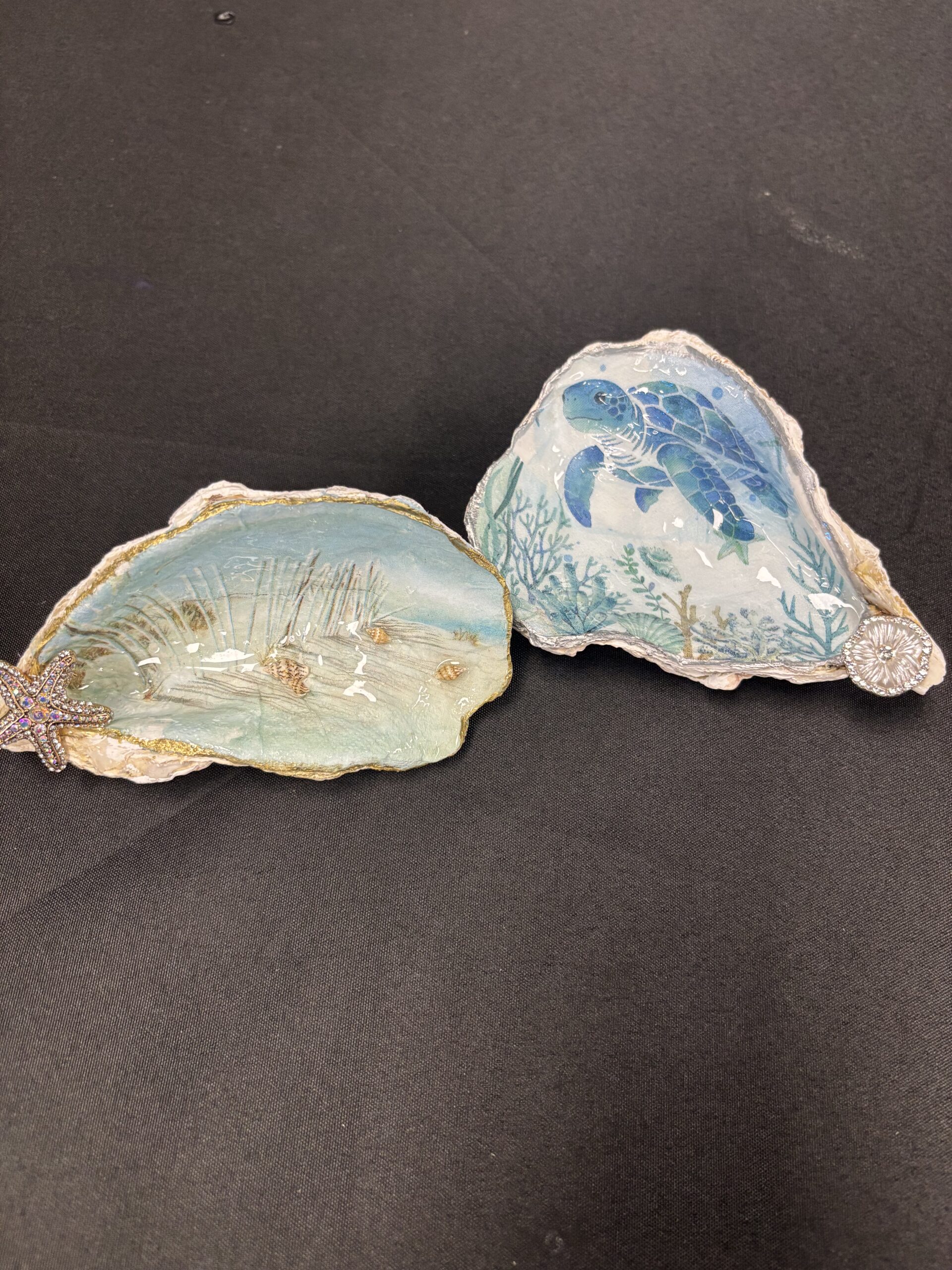 Decoupage oyster shell class Hilton Head Island — coastal sea turtle trinket dishes Creative Escapes Art Cafe